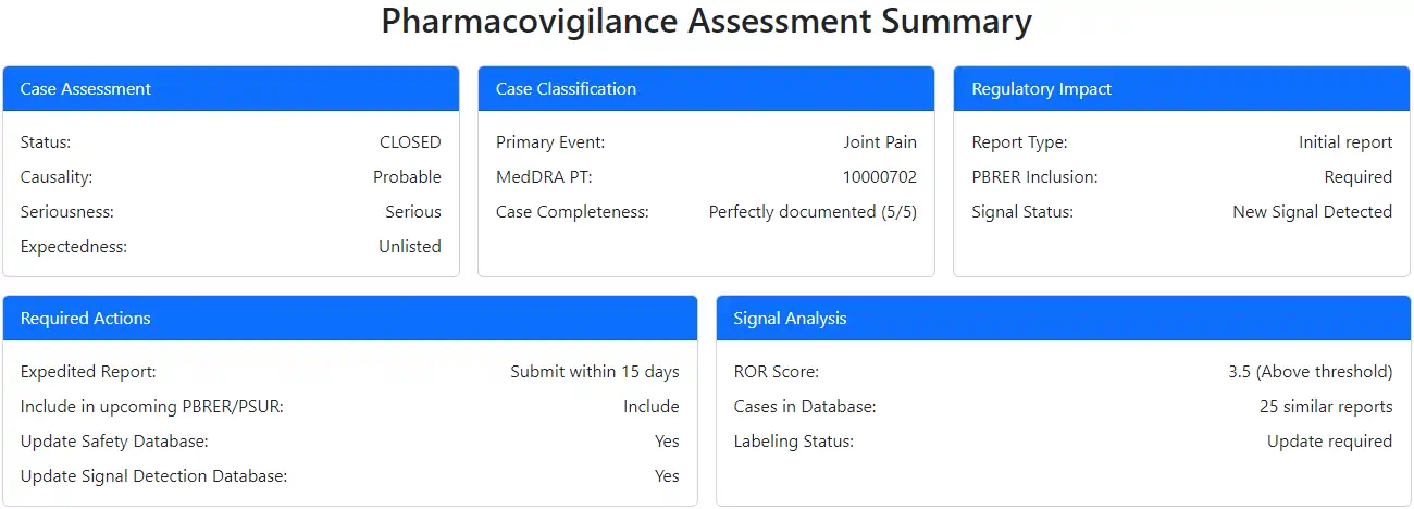 Screenshot of Pharmacovigilance Assessment Summary